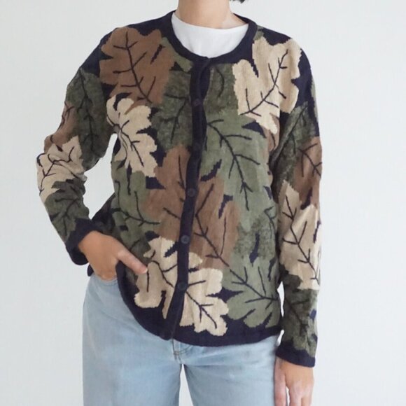 Sweaters - Vintage Christopher Banks Taupe Leaf Botanical Pattern Button Knit Cardigan L